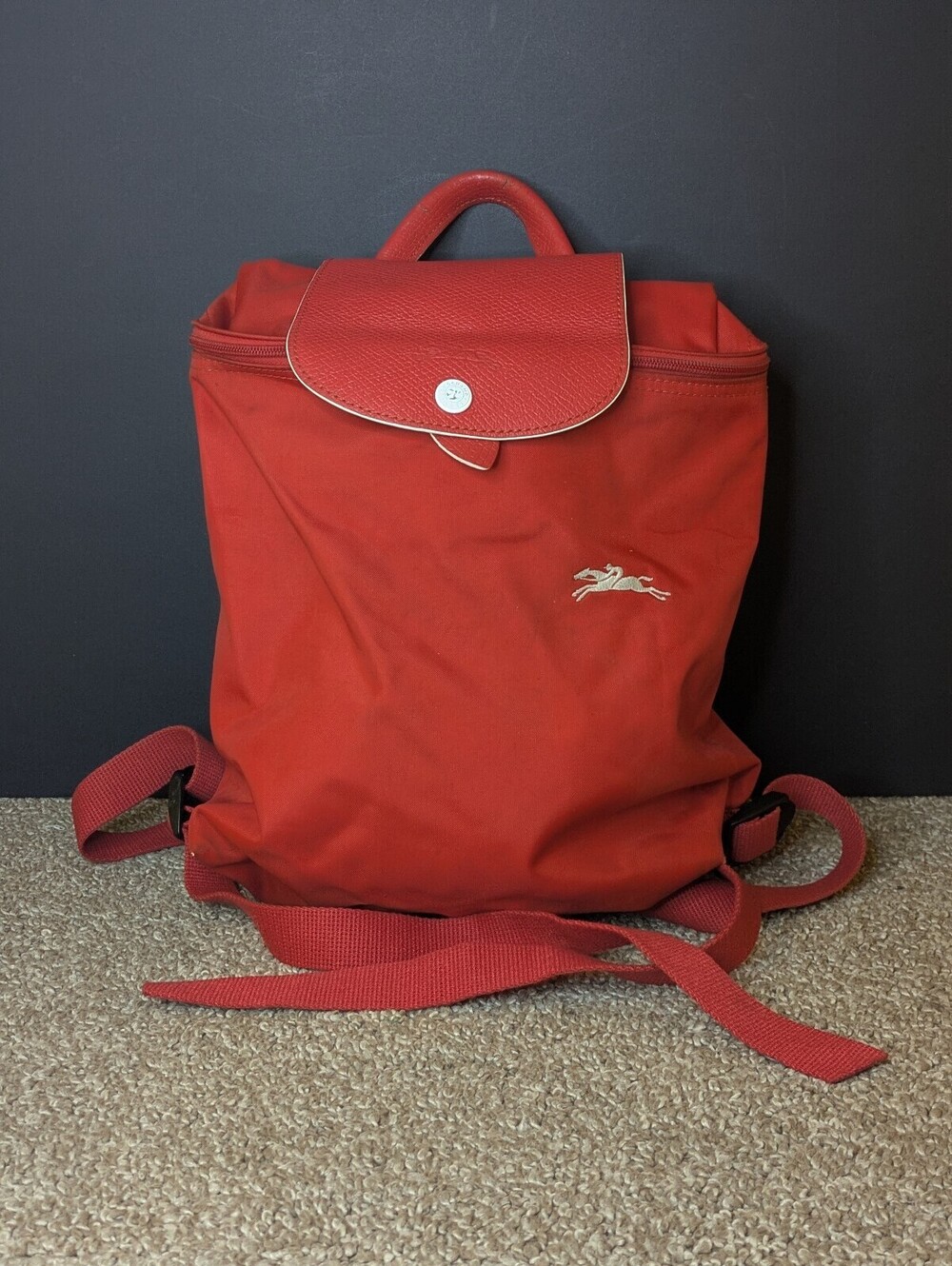 Longchamp Le Pliage Club Backpack Vermilion Red Nylon Foldable Leather Purse
